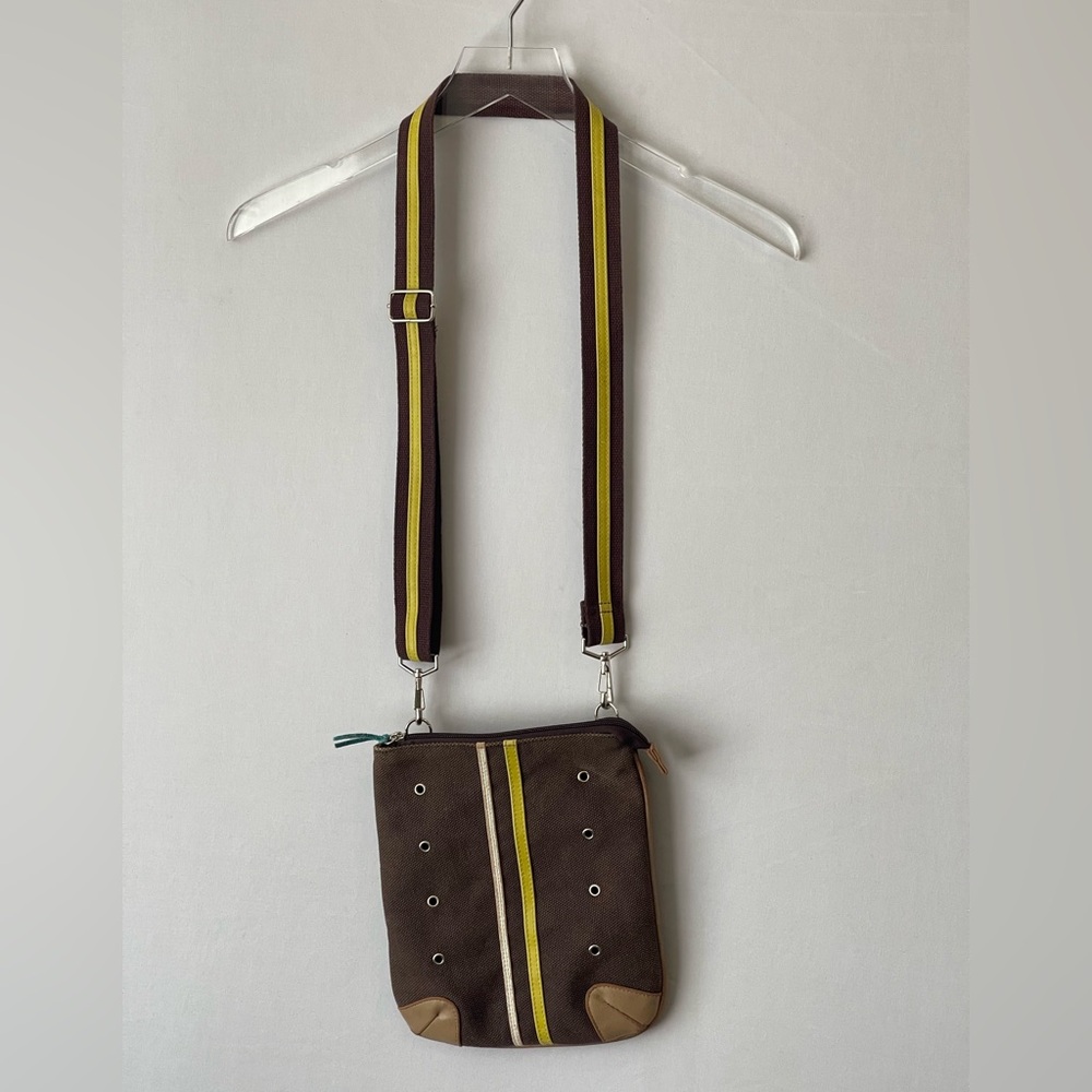 Brown & Yellow Canvas Leather Trim Crossbody Racer Stripes Y2K Bag